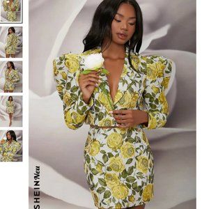 SHEIN Yellow Floral Cropped Blazer and skirt Sz S